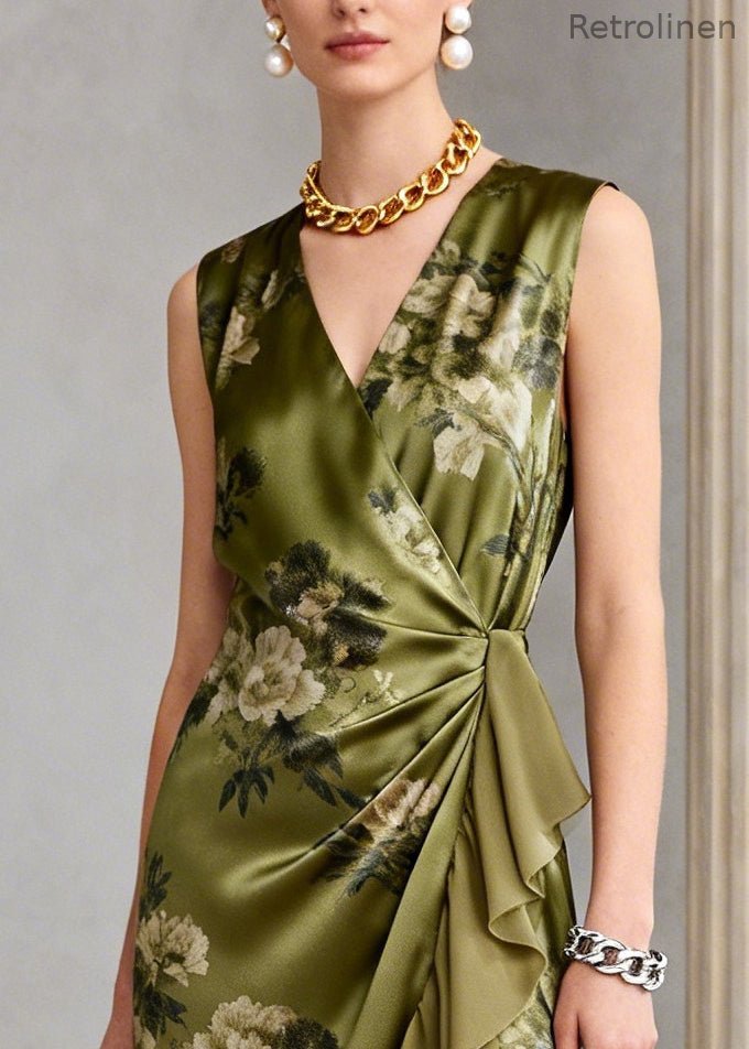 Green Ruffled Print Chiffon Long Dress Sleeveless