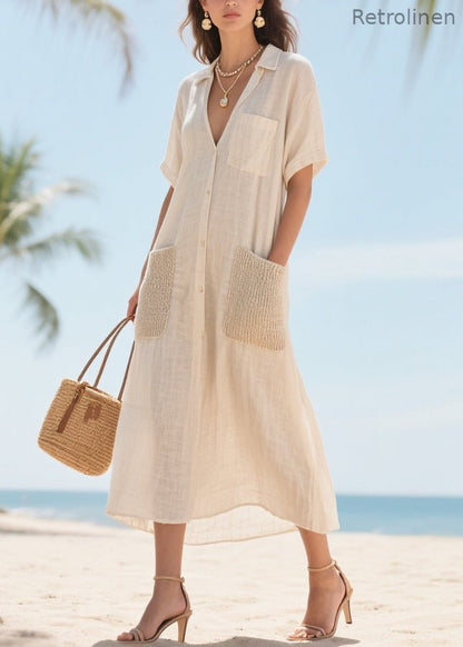 Beige V Neck Patchwork Pockets Cotton Vacation Dresses Summer