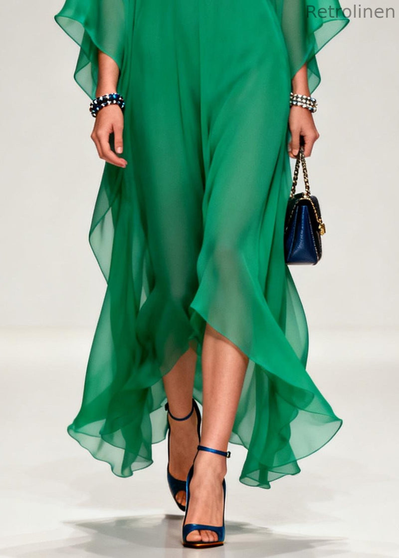 French Tea Green Notched Patchwork Chiffon Long Dresses Summer
