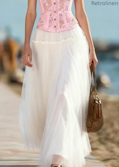 Art Beige Elastic Waist Tulle Skirts Summer