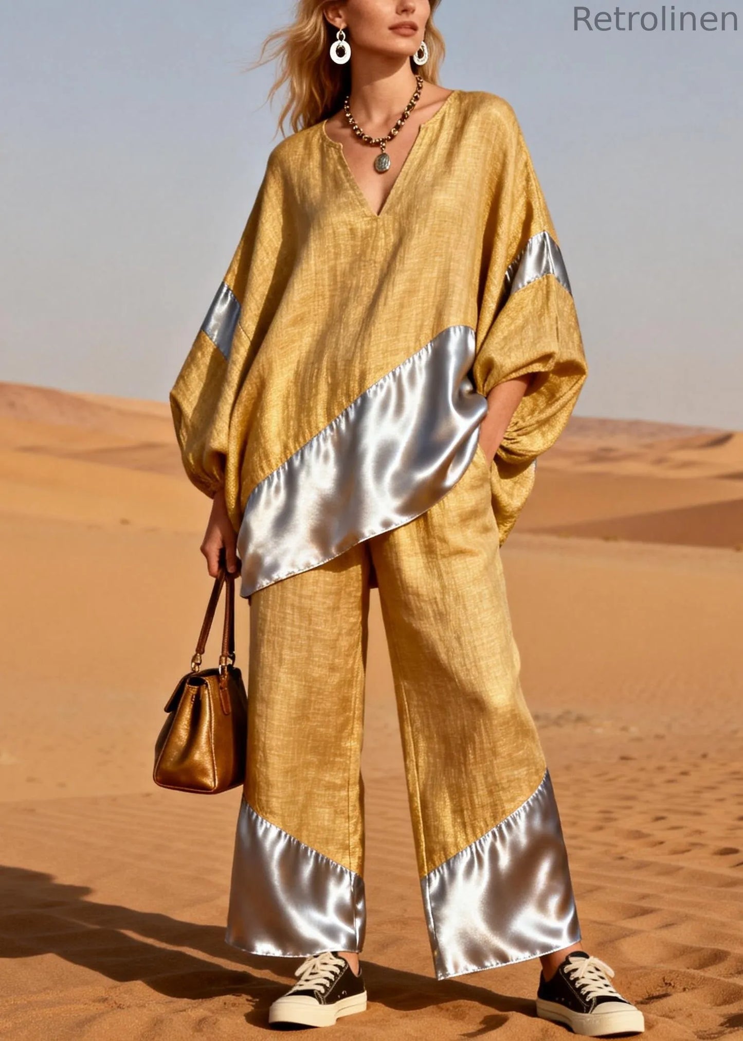 Yellow Silk Patchwork Tops and Pants Two Pieces Set V Neck Spring
