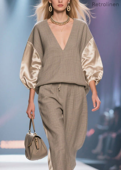 V Neck Patchwork Linen Silk Two Pieces Set Spring
