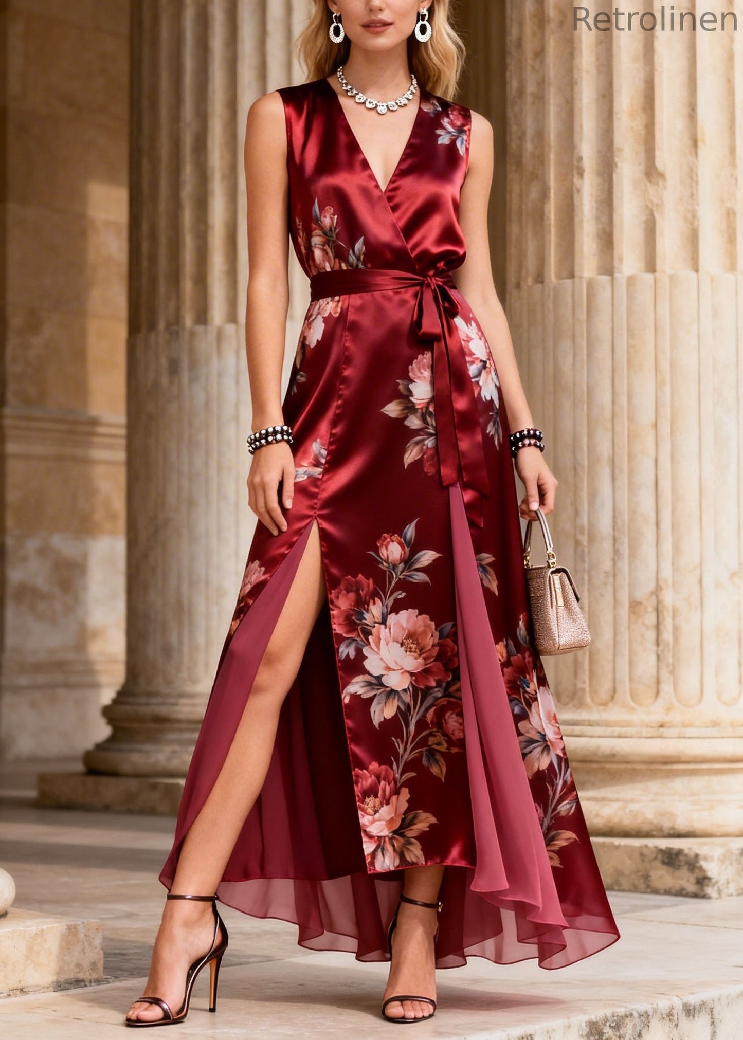 Handmade Red Print Side Open Lace Up Silk Dress Summer