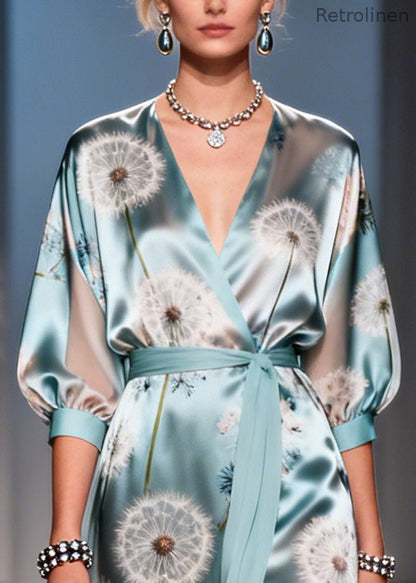Fine Light Blue Tunic Dandelion Print Chiffon Long Dresses Summer
