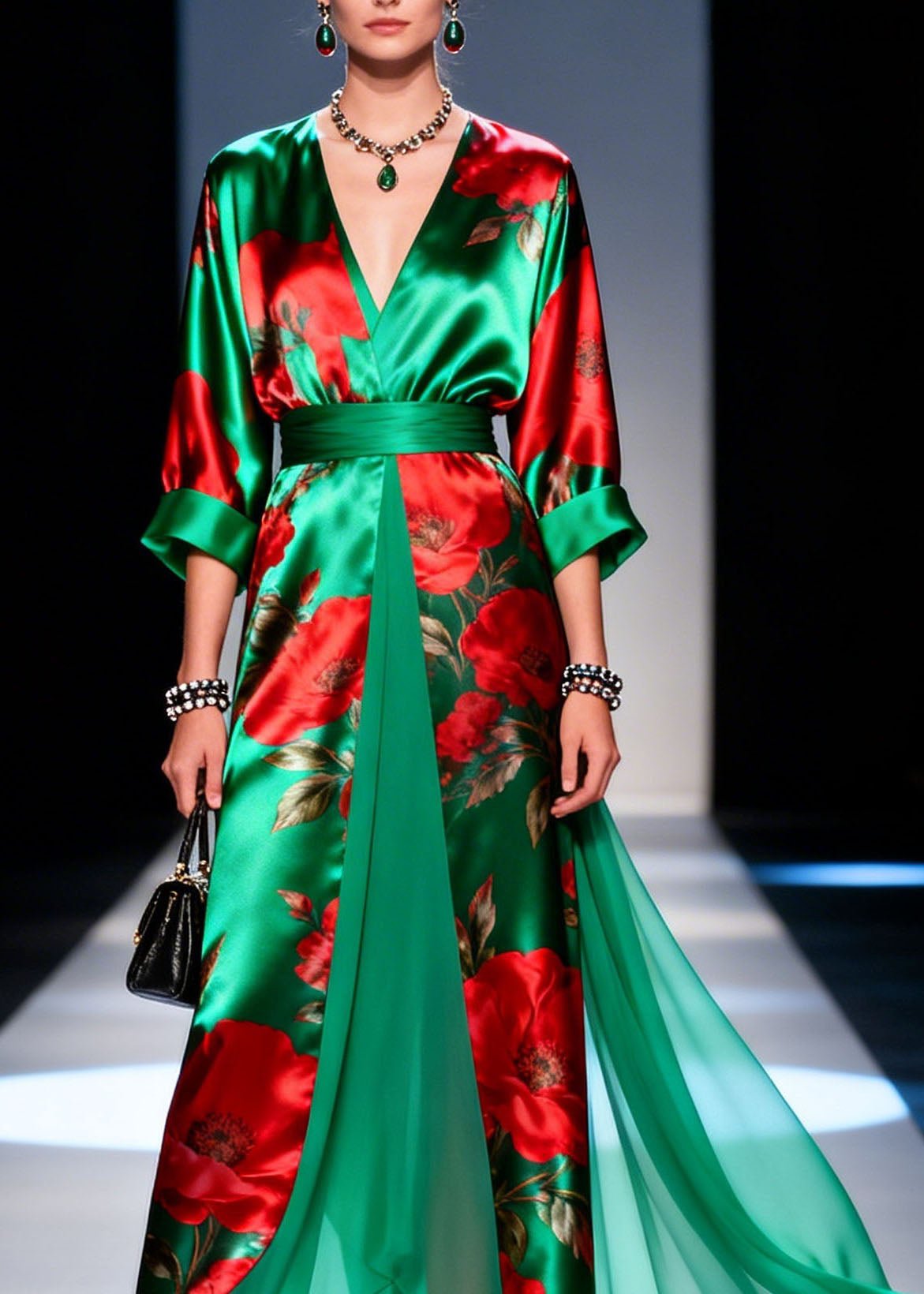 Boutique Green V Neck Print Chiffon Long Dresses Summer