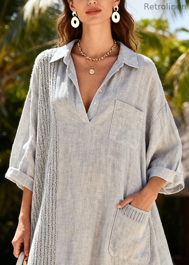 Grey Oversized Patchwork Cotton Shirt Dresses Spring
