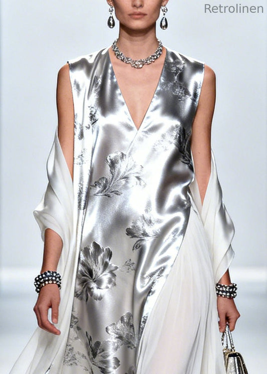 Silvery Print Patchwork Draping Silk Long Dress Summer