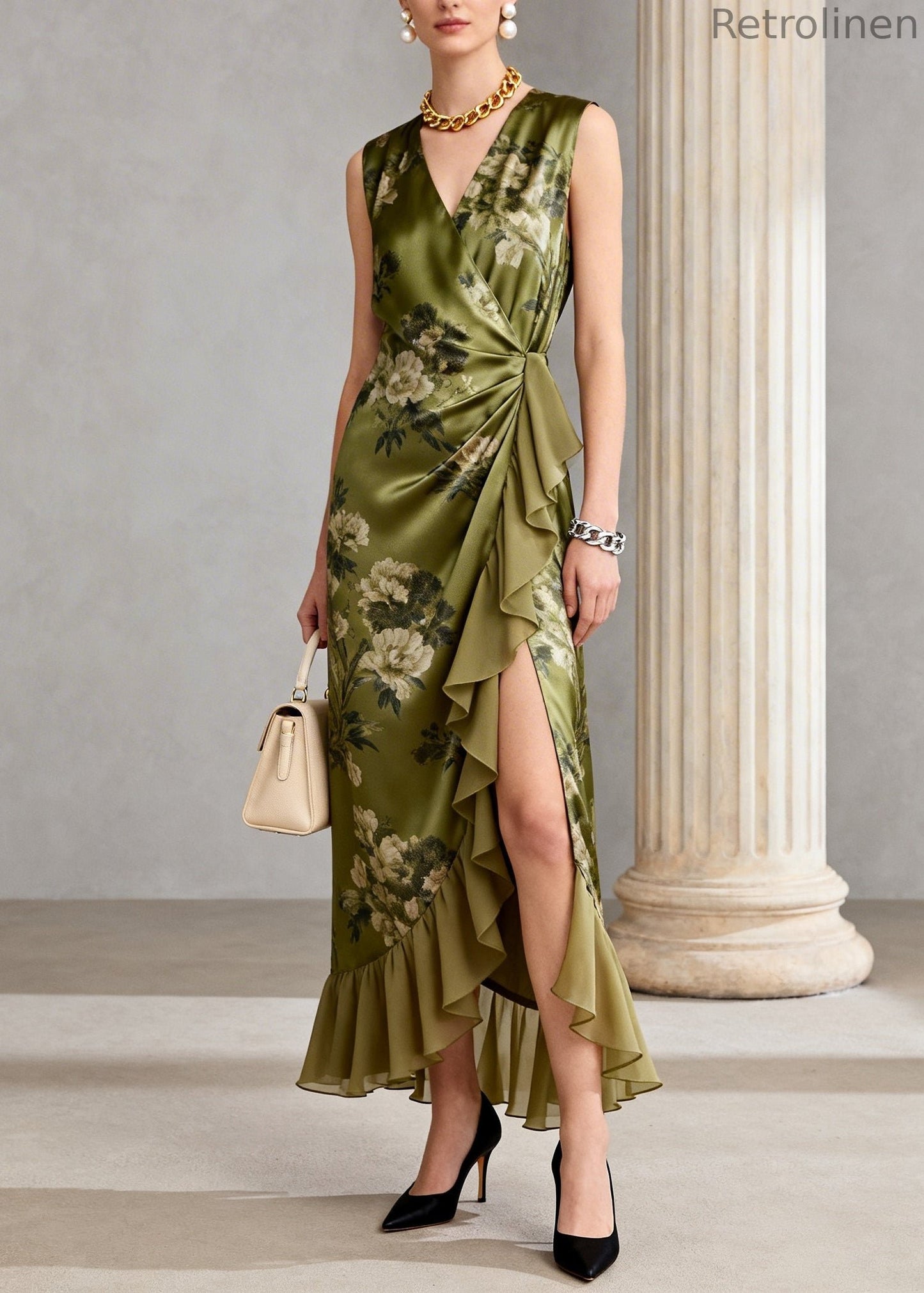 Green Ruffled Print Chiffon Long Dress Sleeveless