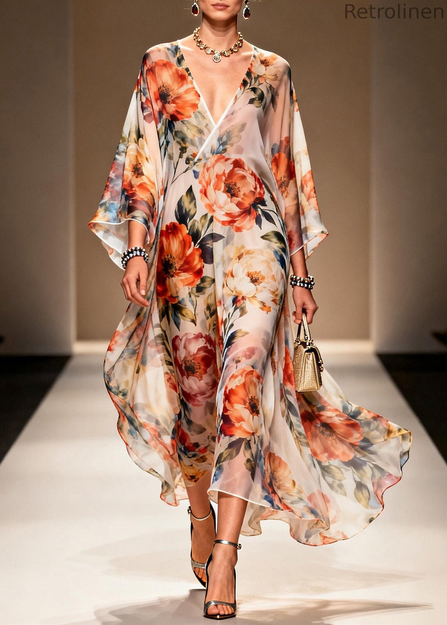 Italian V Neck Print Chiffon Long Dresses Summer