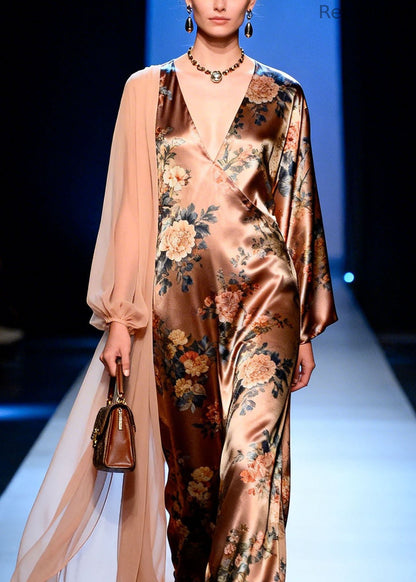 French V Neck Print Patchwork Silk Dresses Spring