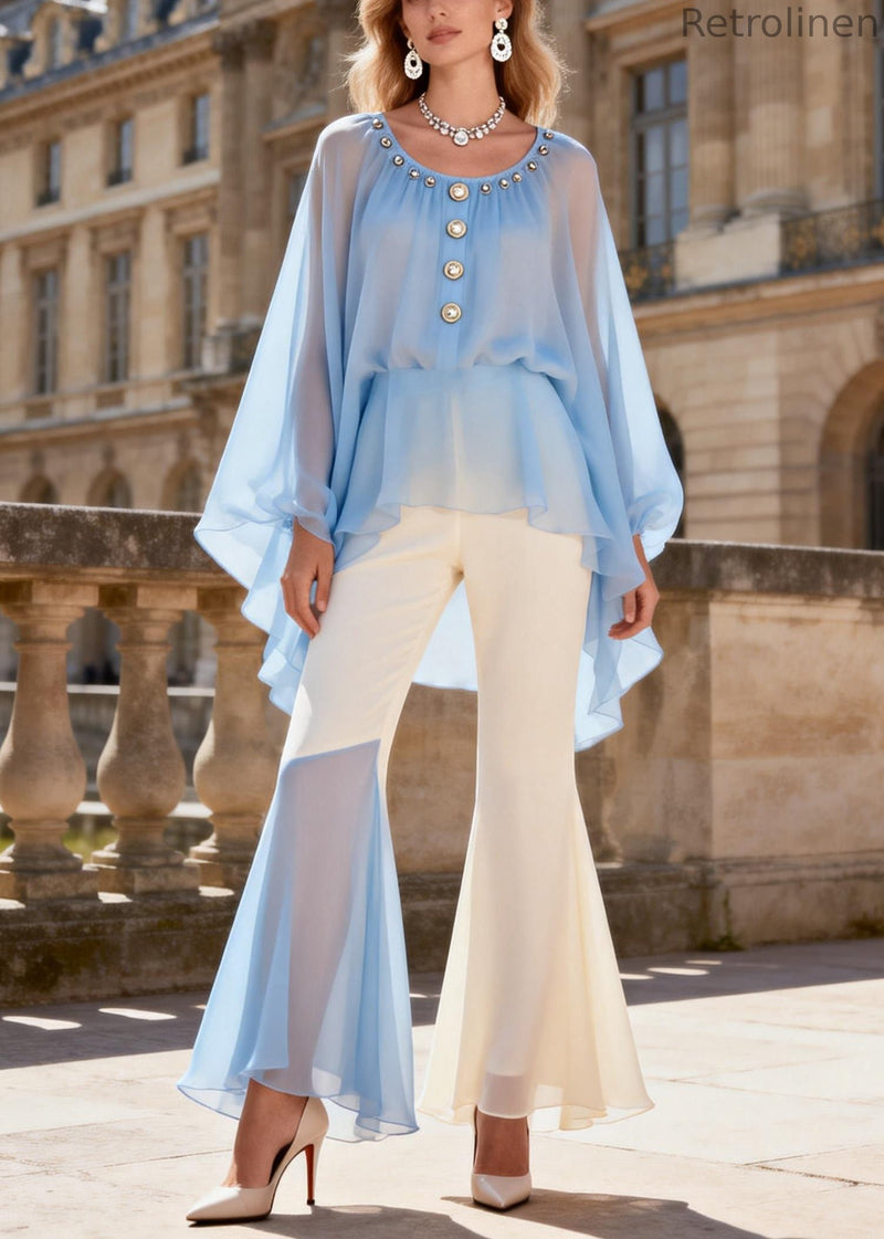 Blue O-neck Nail Bead Chiffon Shirts and Flared Trousers Two Pieces Set Lantern Sleeve