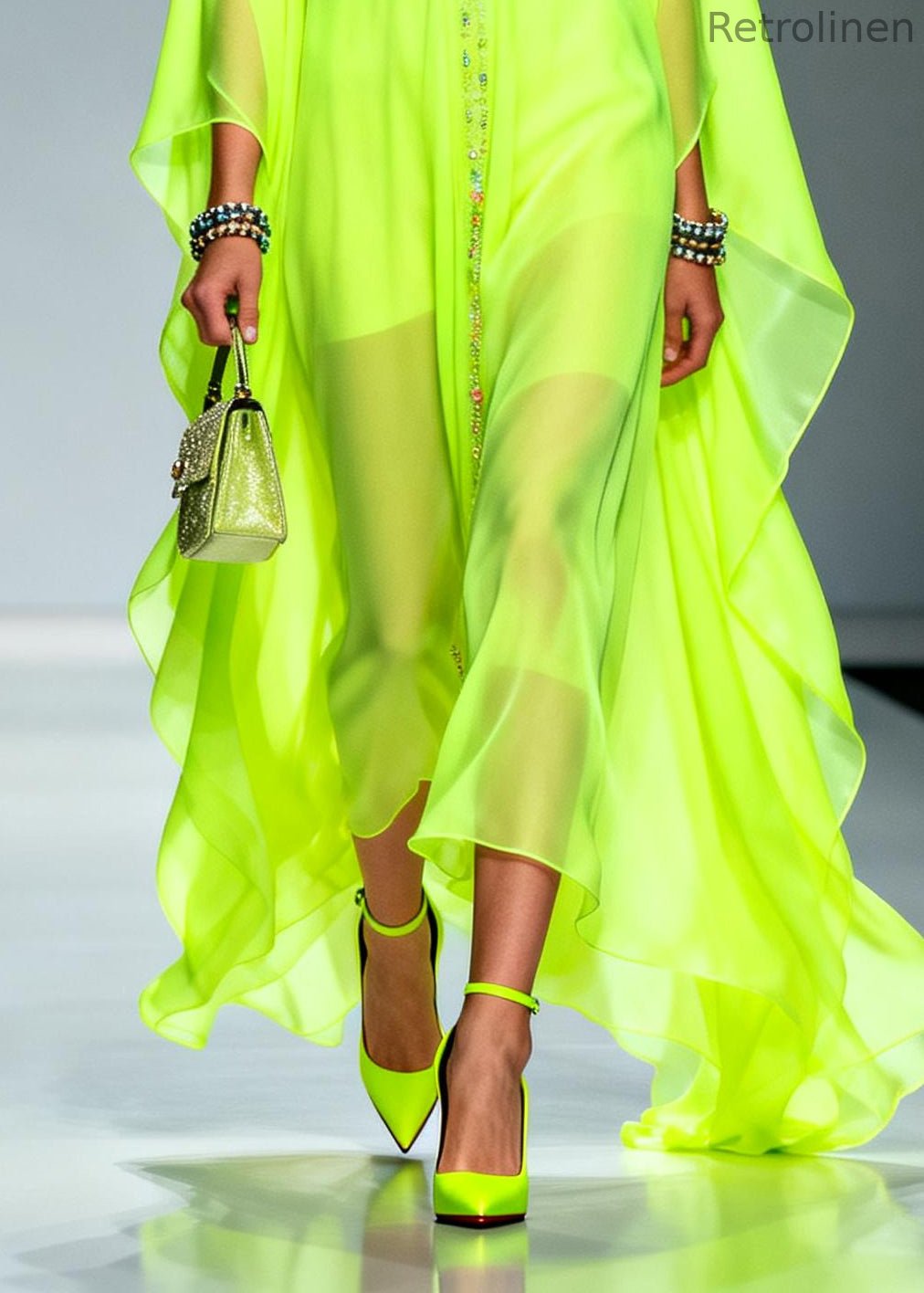 Fluorescent Green Oversized Zircon Chiffon Long Dress Summer