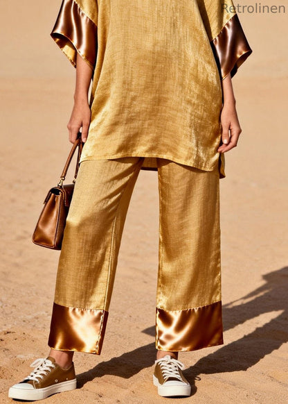 Style Gold V Neck Silk Patchwork Linen 2 Piece Outfit Summer