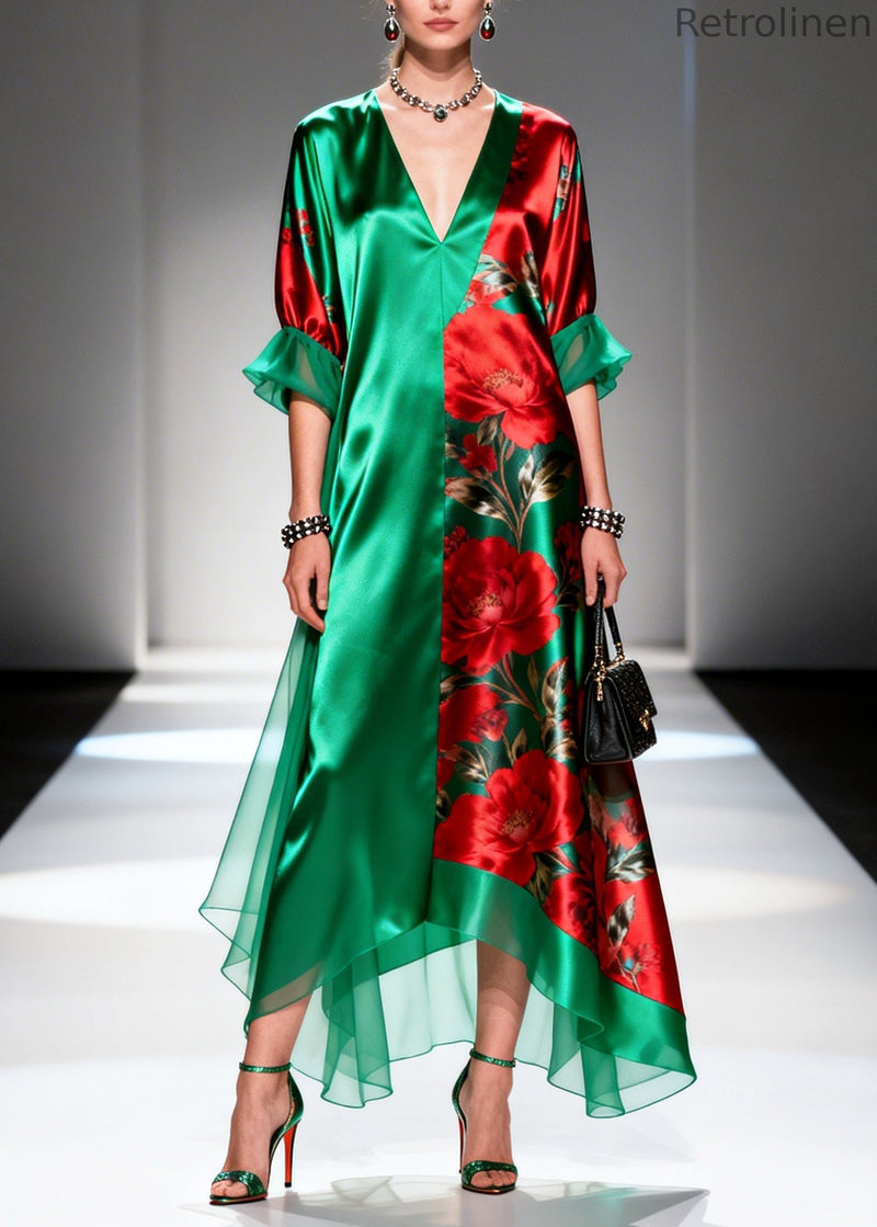 Boutique Tea Green Oversized Print Silk Long Dress Summer