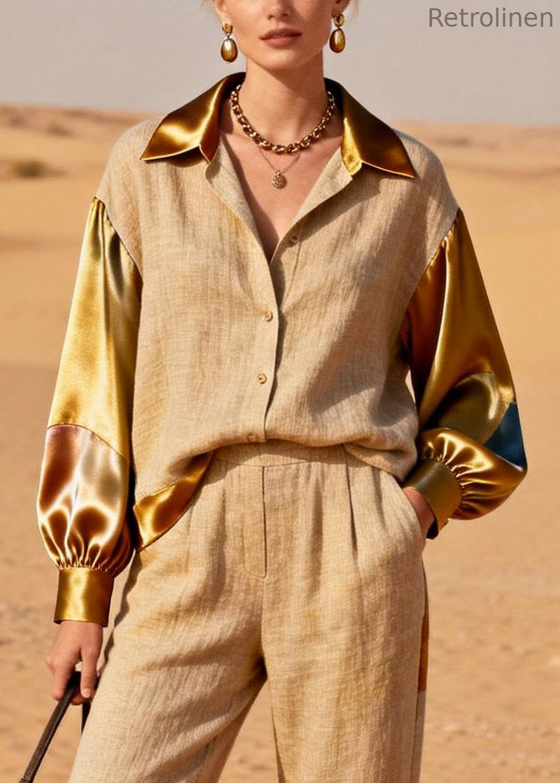 Khaki Peter Pan Collar Shirts and Crop Pants Silk Patchwork Two Pieces Set