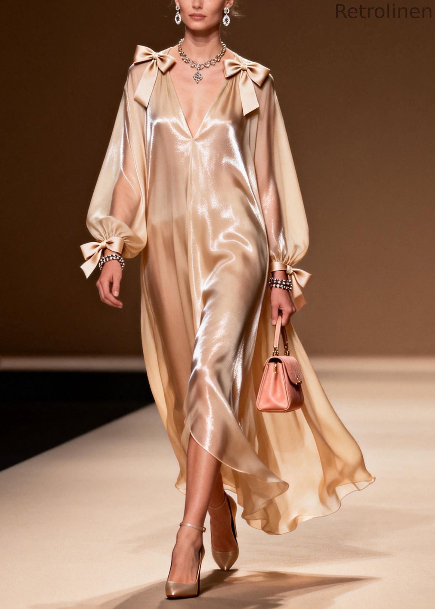 Khaki V Neck Bow Chiffon Party Dress Summer
