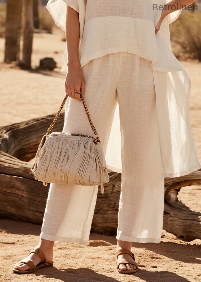 White Patchwork Linen Two Piece Suit Set Oversized Low High Design Summer
