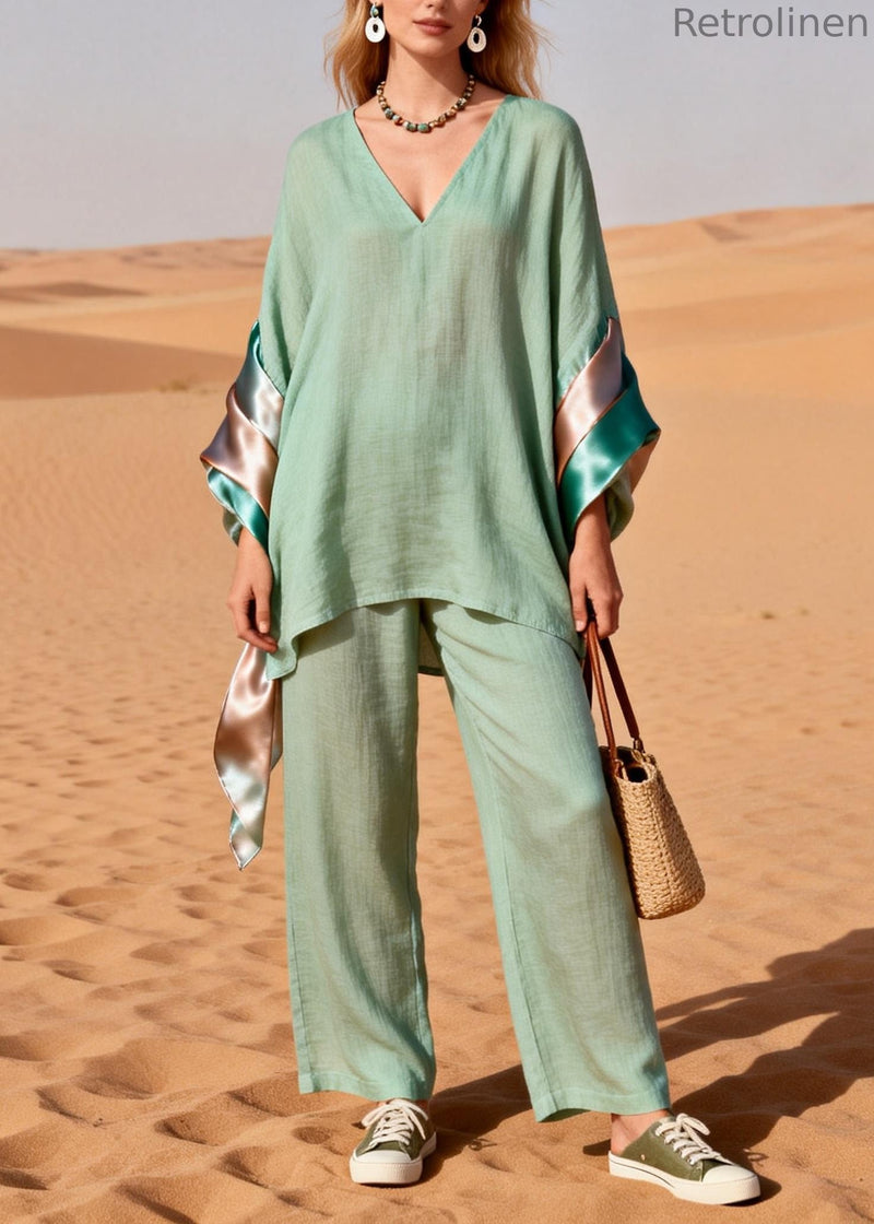 Loose Green V Neck Silk Patchwork Linen Two Piece Set Spring