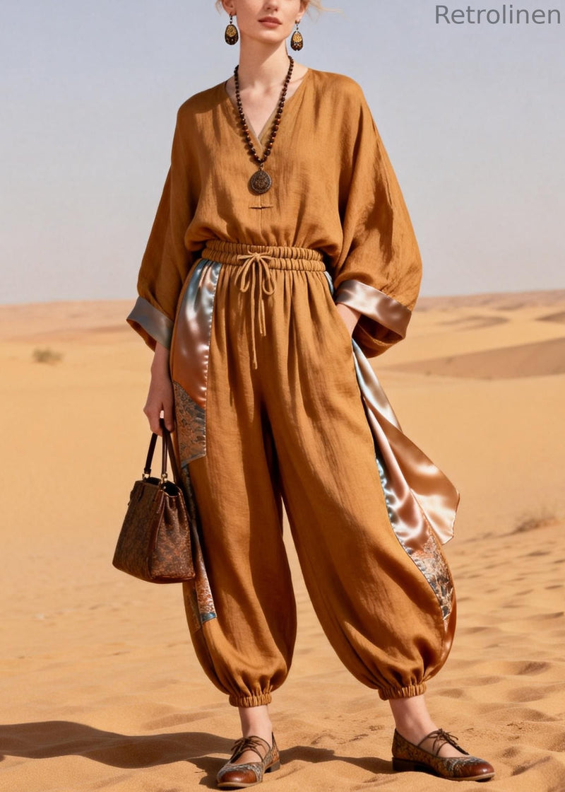 Caramel Pockets Elastic Waist Patchwork Silk Linen Two Pieces Set Spring