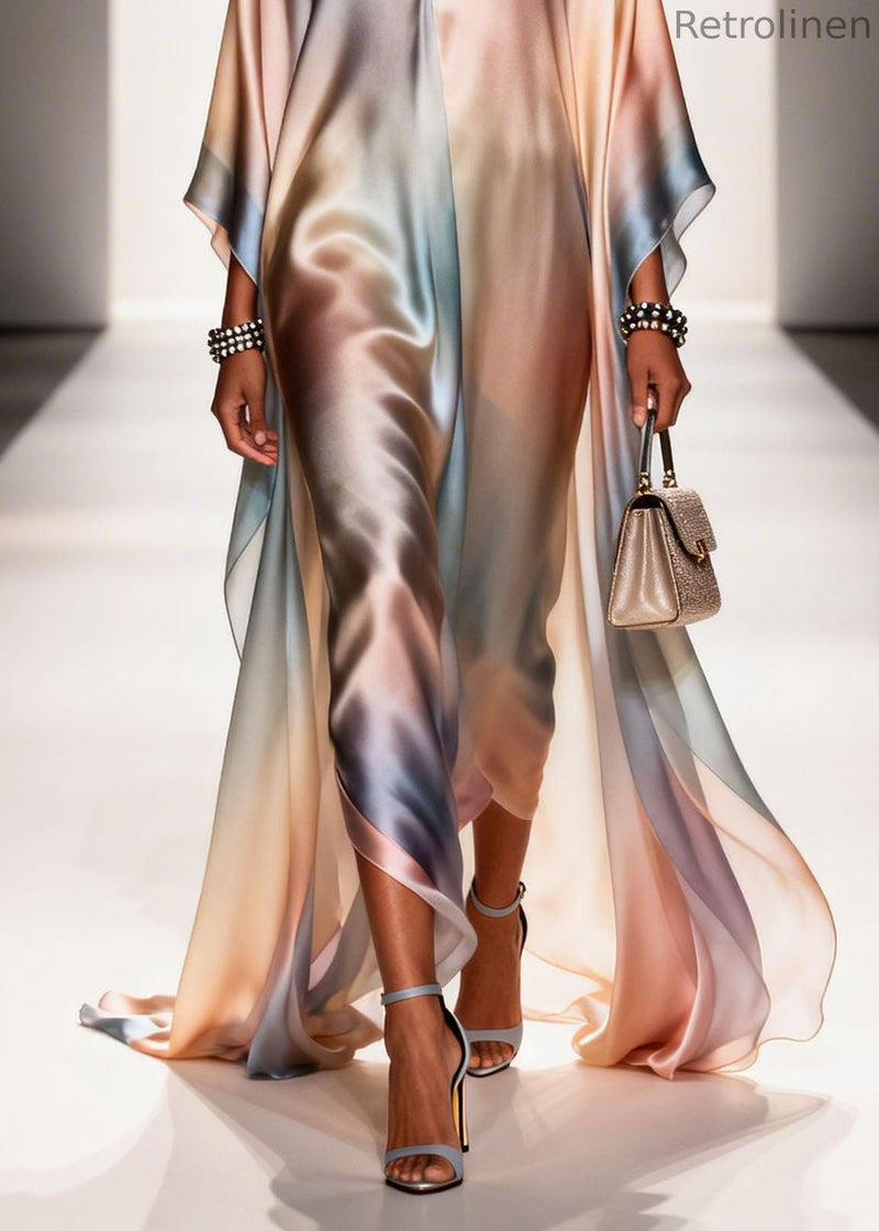 New Gradient Color V Neck Chiffon Long Dress Summer