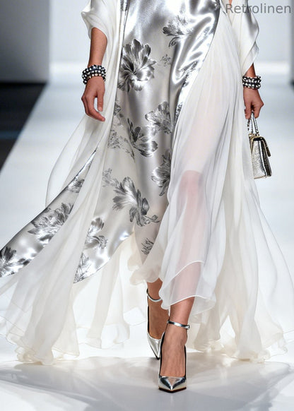 Silvery Print Patchwork Draping Silk Long Dress Summer