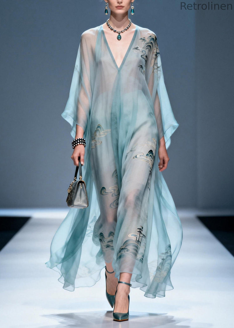 V Neck Print Chiffon Long Dresses Summer
