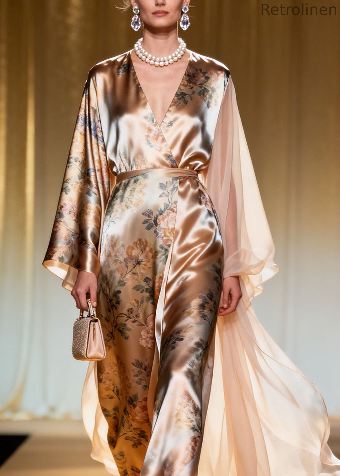 French V Neck Asymmetrical Design Patchwork Print Silk Dresses Spring
