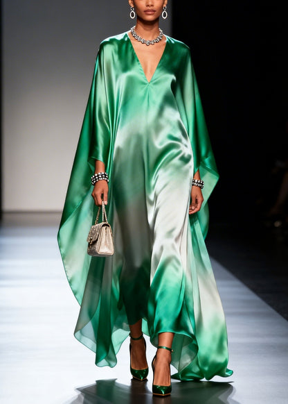 Gradient Green Oversized Chiffon Maxi Dress Batwing Sleeve