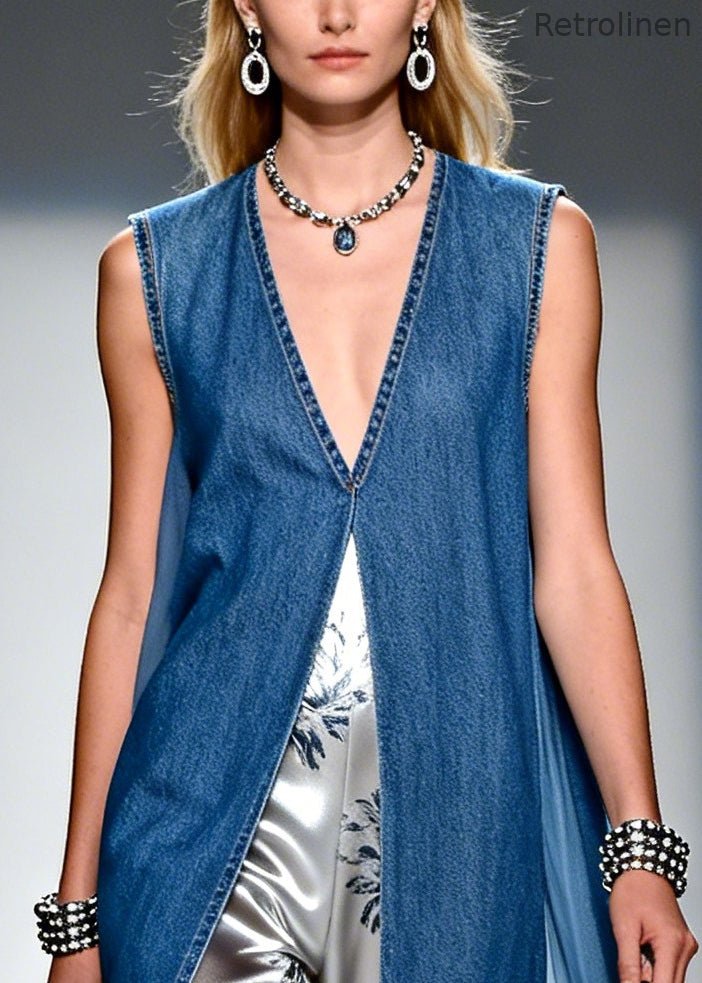 Denim Blue V Neck Patchwork Print Fake Two Piece Dresses Summer