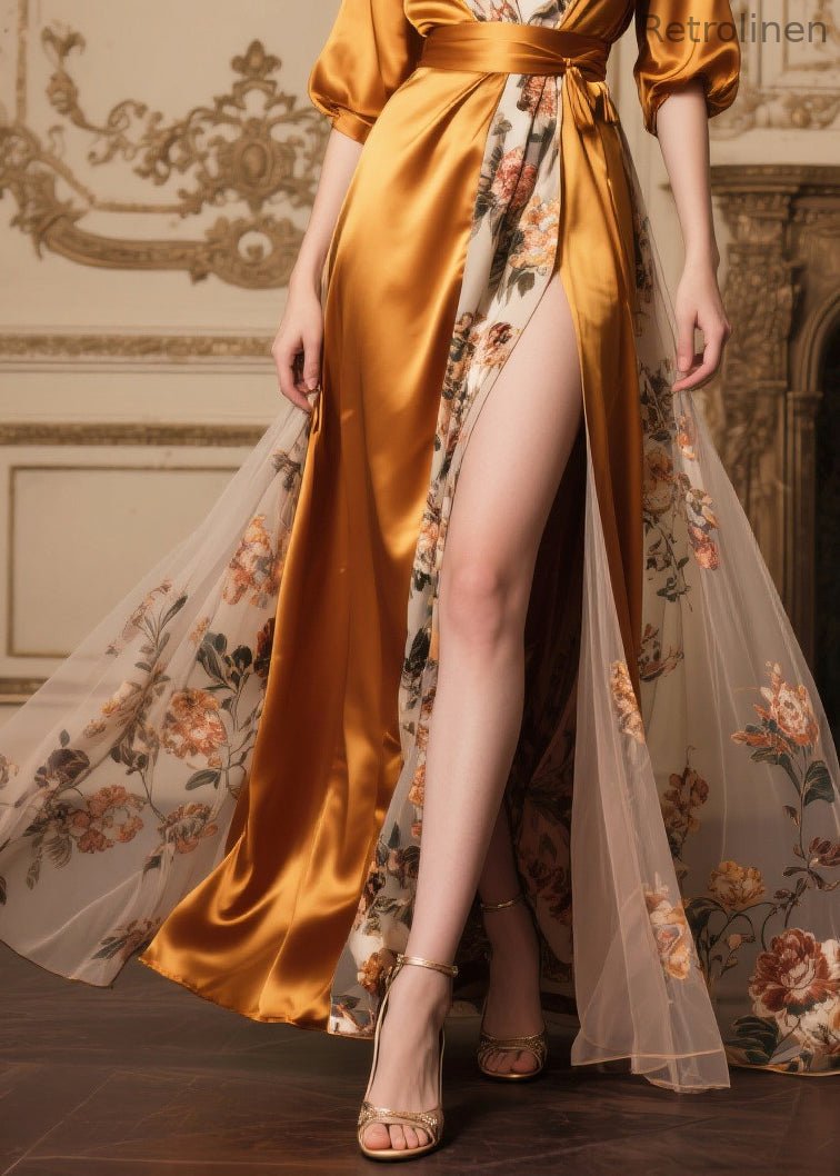 Golden Tunic Patchwork Side Open Silk Party Dresses Summer