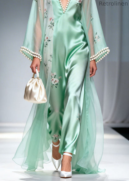 Boutique Green V Neck Nail Bead Silk Long Dress Summer