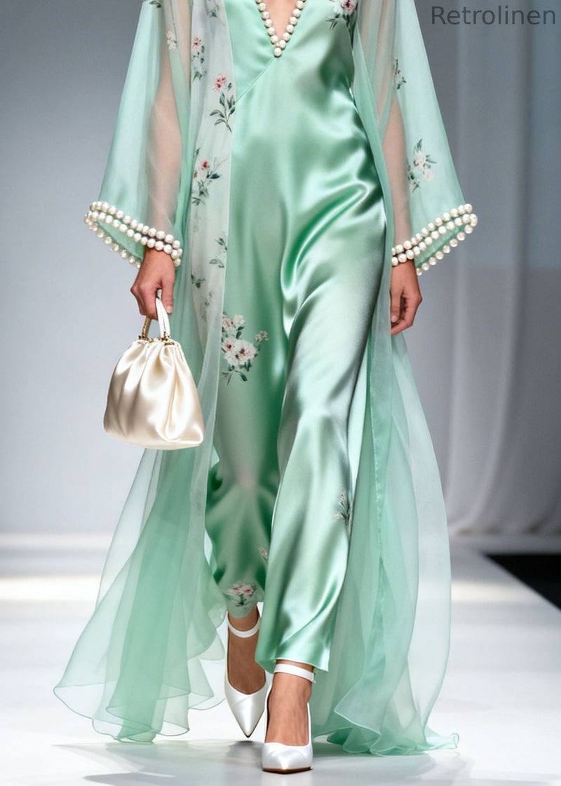 Boutique Green V Neck Nail Bead Silk Long Dress Summer
