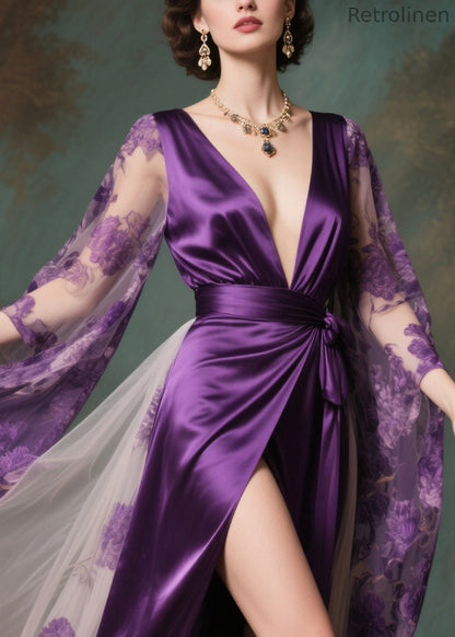 French Purple Exra Large Hem Patchwork Side Open Chiffon Evening Dress Summer