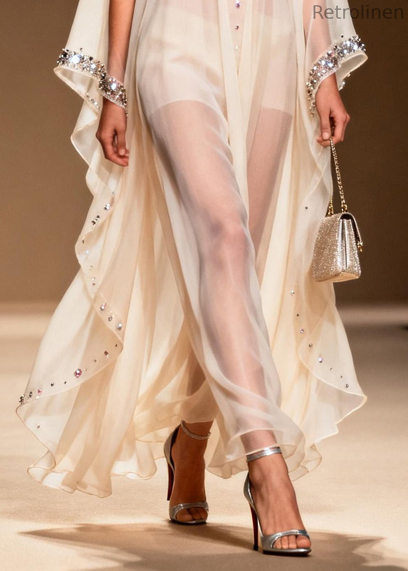 Diy White Cold Shoulder Rhinestone Chiffon Sheer Dress Summer