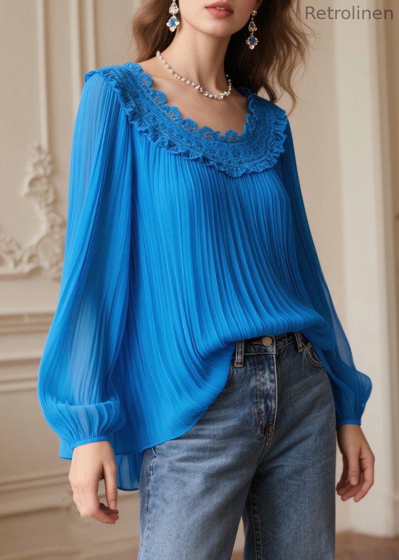 Blue Oversized Patchwork Wrinkled Chiffon Blouses Spring