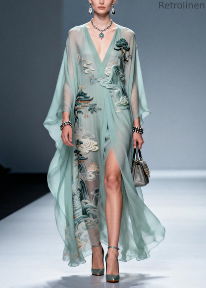 Sky Blue Print Side Open Chiffon Holiday Dress Summer