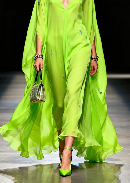 Boutique Fluorescen Green V Neck Zircon Chiffon Dress Summer