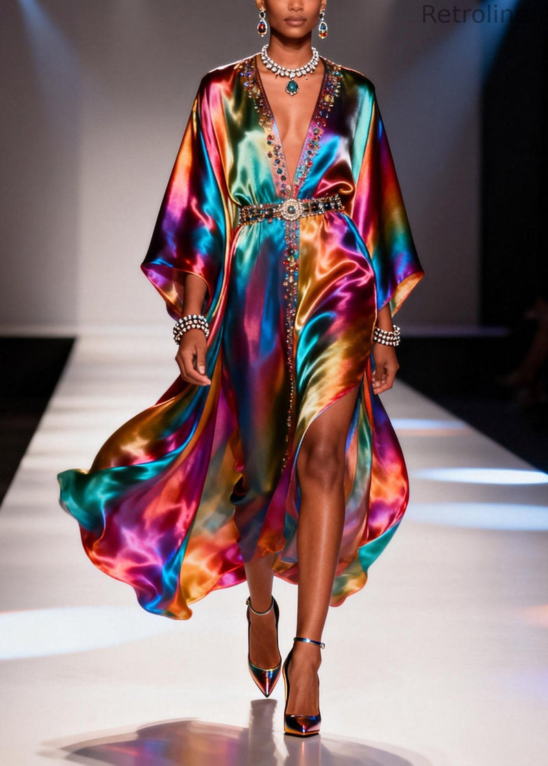 Gradient Color V Neck Zircon Chiffon Dress Summer