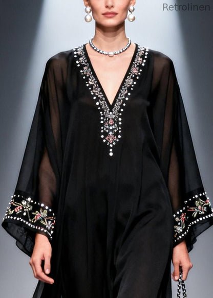 Black Oversized Fine Pearl Chiffon Party Dress Summer