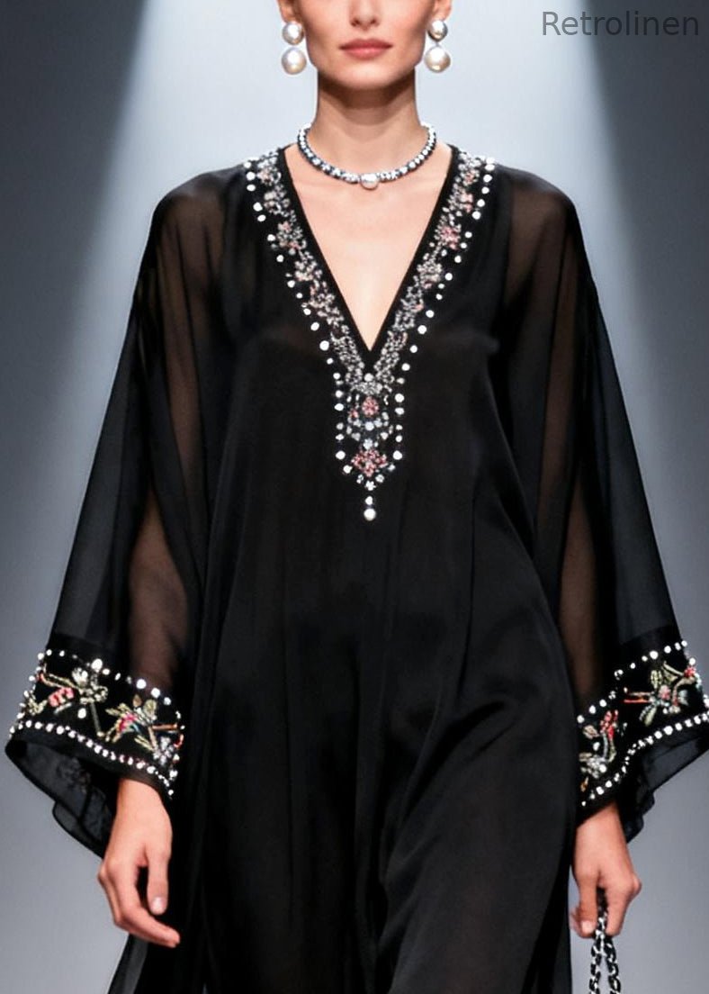 Black Oversized Fine Pearl Chiffon Party Dress Summer