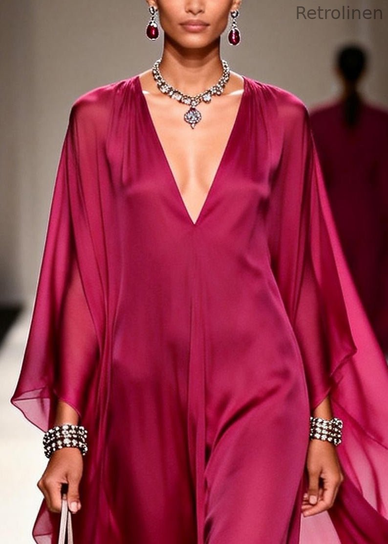 Style Mulberry V Neck Draping Chiffon Long Dresses Summer