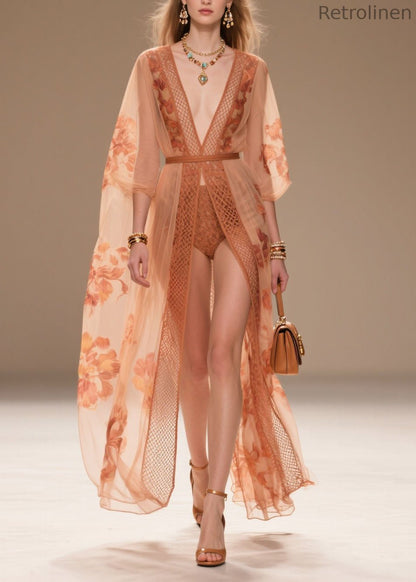 Style Orange V Neck Print Chiffon Sun Protection Cardigans Summer
