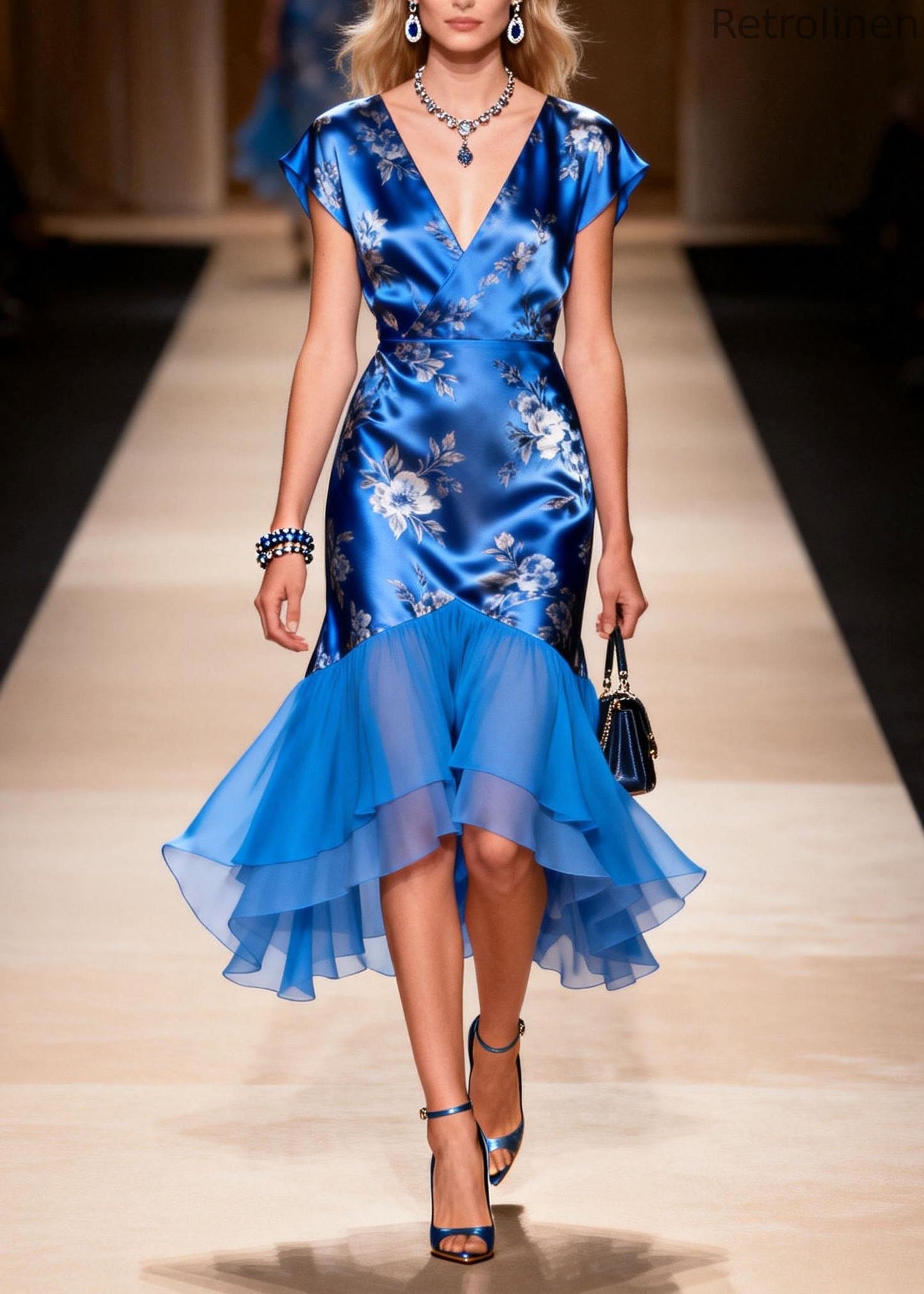 Loose Blue V Neck Ruffled Patchwork Silk Dress Summer