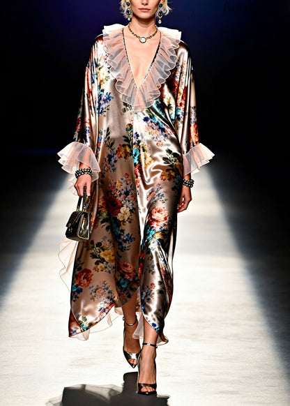 Italian Brown Ruffled Patchwork Print Silk Long Dress Summer