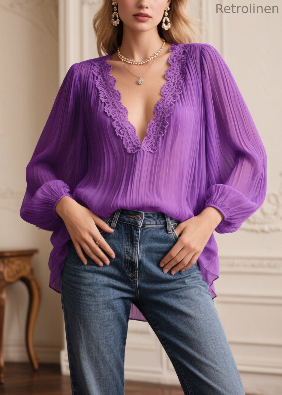 Purple V Neck Patchwork Wrinkled Chiffon Top Spring