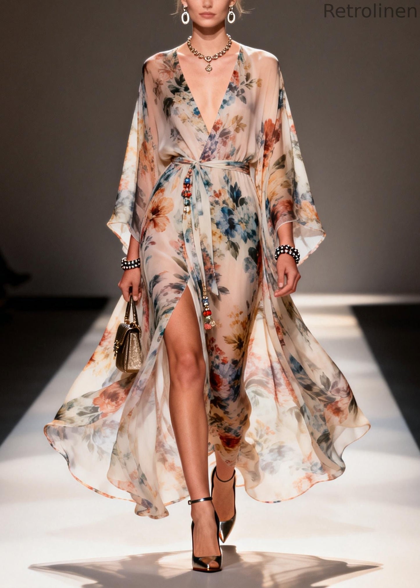 Modern Apricot Print Side Open Chiffon Tunic Dress Summer