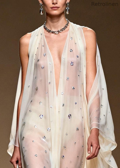 White Rhinestone Cold Shoulder Chiffon Sheer Dress Summer