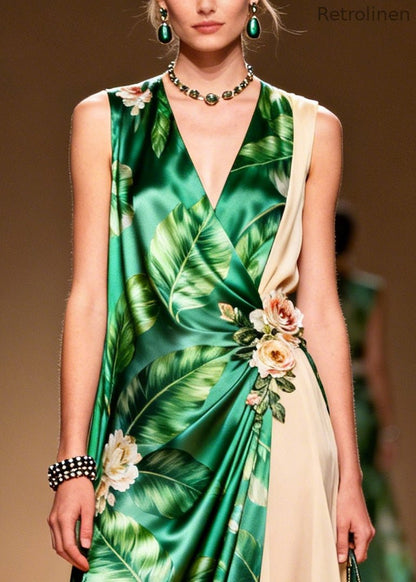 Natural Green Patchwork Flower Chiffon Vacation Dresses Sleeveless