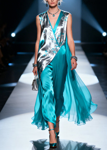 Unique Blue Asymmetrical Design Print Silk Long Dress Summer