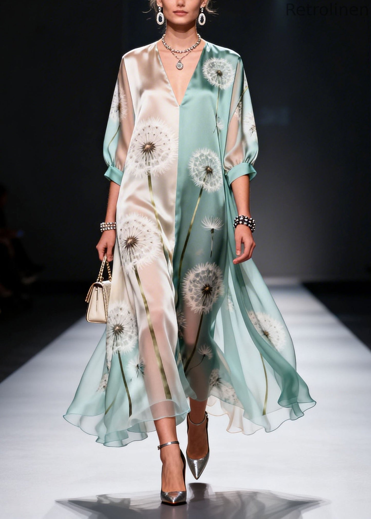 Colorblock V Neck Print Chiffon Maxi Dresses Summer
